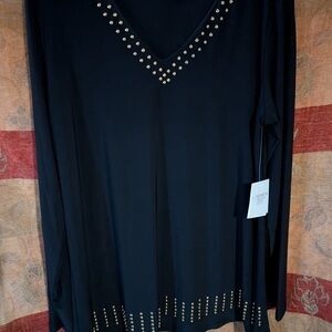 Carmen Marc Valvo Black Long Sleeve Studded Top